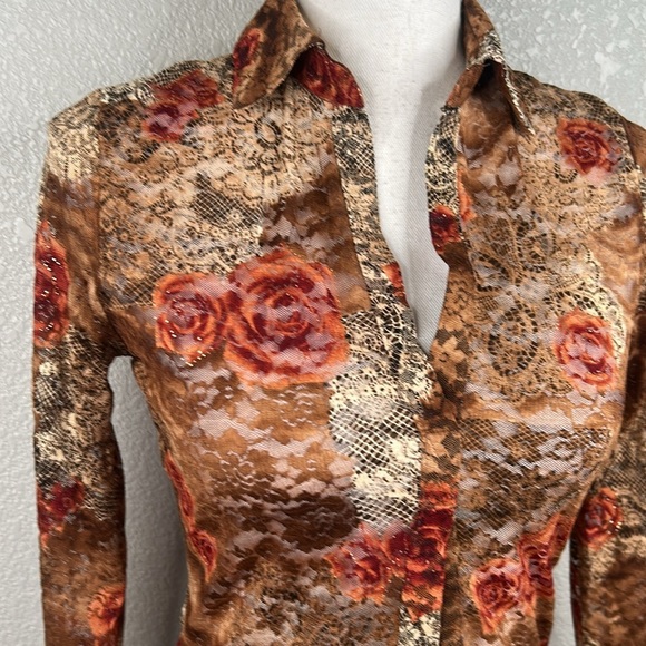 Forever 21 Brown & Tan Gold Tinsel Floral Lace Boho Long Sleeve Top Size Medium - Picture 2 of 6